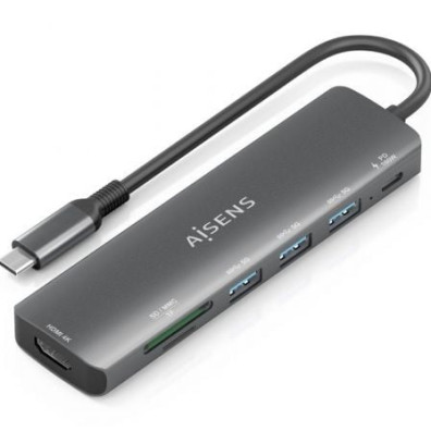 Docking USB Tipo-C Aisens ASUC-7P025-GR Multifuncional - HDMI 4K, 3xUSB, USB Tipo-C PD, Lector Tarjetas