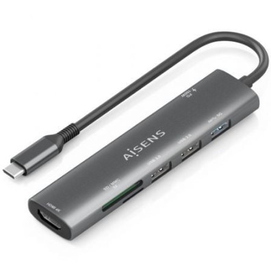 Docking USB Tipo-C Aisens ASUC-7P027-GR | HDMI 4K USB PD Lector Tarjetas