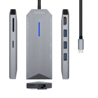 Docking USB Tipo-C Aisens ASUC-8P004-GR - 1xHDMI 4K/ 3xUSB/ 1xRJ45/ 1xLector de Tarjetas/ 1xUSB Tipo-C PD