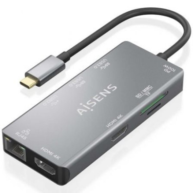 Docking USB Tipo-C Aisens ASUC-9P018-GR 2xHDMI 4K/ 3xUSB/ 1xRJ45/ 1xLector Tarjetas/ 1xUSB Tipo-C PD