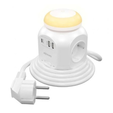 Regleta Eléctrica Aisens ASPS-2A1CLPQ02-W con Interruptor y Luz Nocturna - 4 Tomas de Corriente - 1 Puerto USB Tipo-C PD - 2 Puertos USB - Cable 1.8m