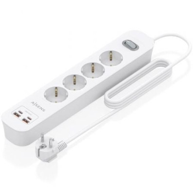 Tomas de Corriente USB Tipo-C Aisens ASPS-2A2C12-W/ Regleta con Interruptor / 4 Tomas de Corriente/ 2 USB / Cable 1.4m