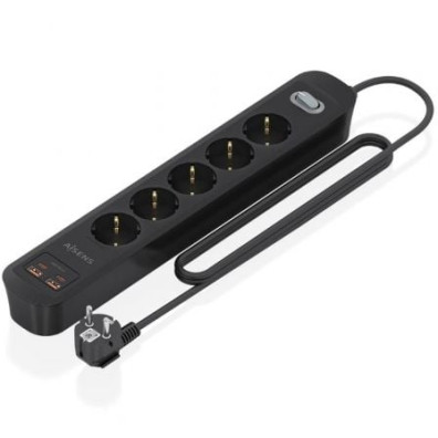 Regleta con Interruptor Aisens ASPS-2A2C15-BK/ 5 Tomas de Corriente/ 2 USB - 2 USB Tipo-C/ Cable 1.4m - Negro