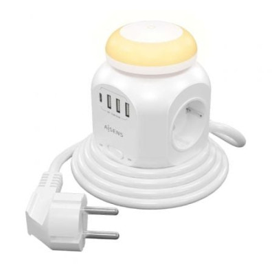 Regleta Aisens ASPS-3A1CL01-W con Interruptor, Luz Nocturna, 4 Tomas de Corriente, 1 USB Tipo-C, 3 USB y Cable 1.8m