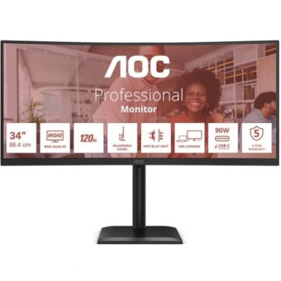 Monitor Profesional AOC CU34E4CV Curvo Ultrapanorámico 34 Pulgadas WQHD Multimedia Regulable en Altura