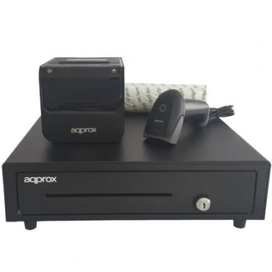 KIT TPV APPROX CAJON APPCASH01 NEGRO + SCAN APPLS22 SIN PEANA + IMP. TERM. POS80AM-USB + PAPEL - Cajón Portamonedas + Impresora Térmica de Tickets + Lector de Códigos + Rollos Térmicos