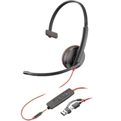 Auricular Poly Blackwire 3215 con Adaptador USB-C/A y Micrófono - Jack 3.5mm