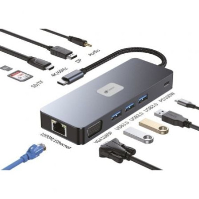Docking USB Tipo-C Leotec LEDS03 - Hub USB con HDMI 4K, DisplayPort, VGA, Audio, RJ45, Lector de Tarjetas SD y MicroSD