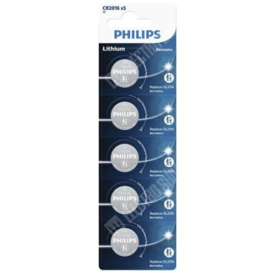 Pack de 5 Pilas de Botón Philips CR2016 Lithium - Tecnología de Litio