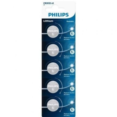 Pilas de Botón Philips CR2032P5/01B Lithium, Pack de 5 unidades