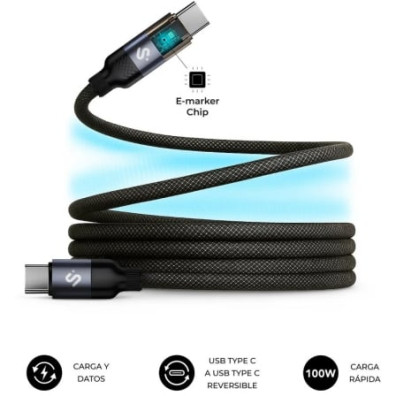 Cable USB Tipo-C Subblim PowerMag Led - USB Tipo-C Macho a USB Tipo-C Macho (2m, 100W, 480Mbps) - Negro
