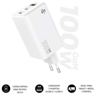 Cargador de Pared GaN Subblim 100W USB C+C+A/ 2xUSB Tipo-C/ 1xUSB Charger