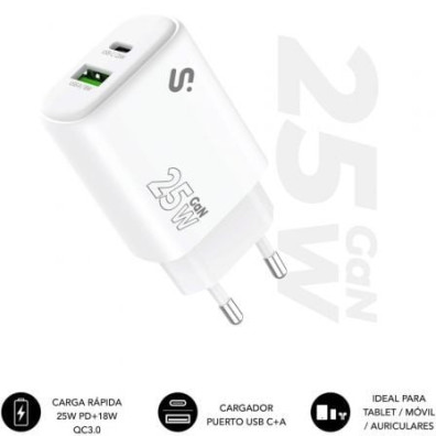 Cargador de Pared GaN Subblim 25W USB C+A Tipo-C 1xUSB - SUBBLIM