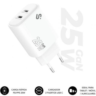 Cargador de Pared GaN Subblim 25W USB C+C/ 2xUSB Tipo-C Charger - SUBBLIM