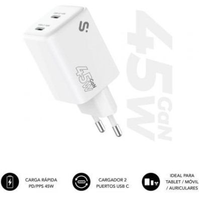 Cargador USB C+C GaN Subblim 45W Charger de Pared con 2xUSB Tipo-C