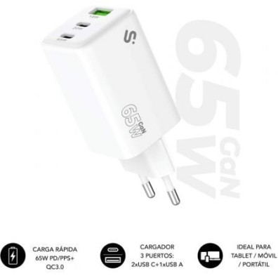 Cargador de Pared GaN Subblim 65W USB C+C+A/ 2xUSB Tipo-C/ 1xUSB - SUBBLIM