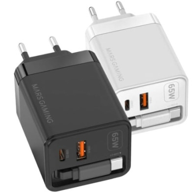 Cargador USB GAN Mars Gaming MD-GAN65R 65W 1xUSB-C 1xUSB-A Cable Retráctil PD Color Negro - Negro