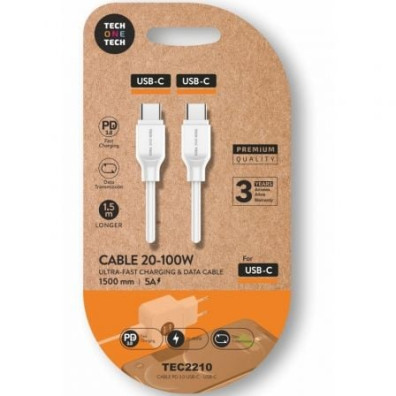 Cable USB 2.0 Tipo-C Tech One Tech TEC2210/ USB Tipo-C Macho - USB Tipo-C Macho/ Hasta 100W/ 480Mbps/ 1.5m