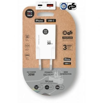 Cargador de Pared GaN Tech One Tech 30W con 1xUSB Tipo-C y 1xUSB