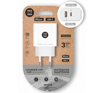 Cargador de Pared 65W GaN Tech One Tech con 1xUSB Tipo-C y 1xUSB