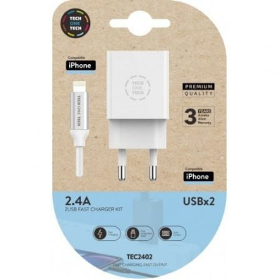 Cargador de Pared Tech One Tech TEC2402/ 2xUSB + Cable Lightning/ 12W