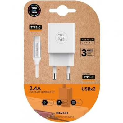 Cargador de Pared Tech One Tech TEC2403 con 2 Puertos USB Tipo-C/ 12W