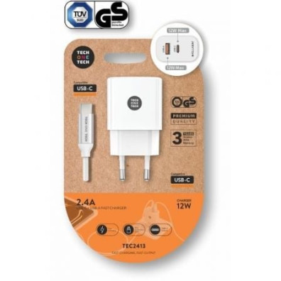 Cargador de Pared Tech One Tech con USB Tipo-C - 12W + Cable USB Tipo-C