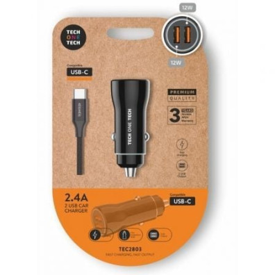 Cargador de Coche Tech One Tech TEC2803 con 2xUSB y Cable USB Tipo-C