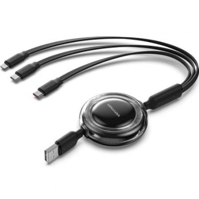 Cable USB Retráctil Vention TRJBBE - USB Macho, Lightning, 2xUSB Tipo-C - 10Gbps, Hasta 17.5W, 1.1m