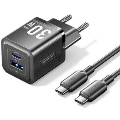 Cargador de Pared GaN Vention TZ-FEQB0-EU-01/ 1xUSB Tipo-C/ 1xUSB + Cable USB Tipo-C - 30W