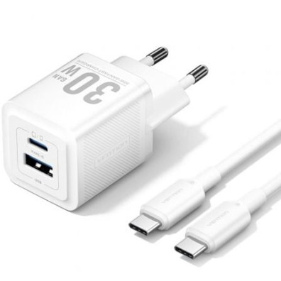 Cargador de Pared GaN Vention TZ-FEQW0-EU-01 con 1xUSB Tipo-C/ 1xUSB + Cable USB Tipo-C