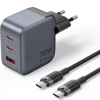 Cargador de Pared GaN Vention TZ-FEXH0-EU/ 2xUSB Tipo-C/ 1xUSB + Cable USB Tipo-C