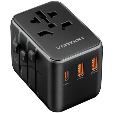 CARGADOR PARED UNIVERSAL TOMA DE CORRIENTE/USB-C/2xUSB-A 65W NEGRO VENTION