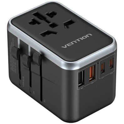 Cargador Pared Universal Vention 65W Negro - Toma de corriente/2xUSB-C/2xUSB-A