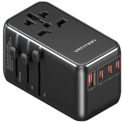 Cargador de Pared Universal Vention Negro 120W Toma de Corriente/3xUSB-C/USB-A