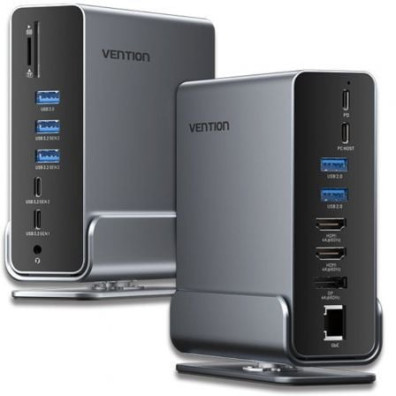 Docking USB Tipo-C Vention - Hub HDMI 4K, DisplayPort, USB - RJ45, Lector de Tarjetas, Jack 3.5mm - PD
