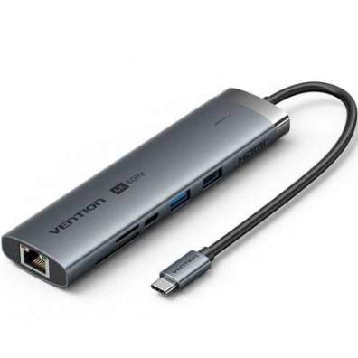 Hub USB Tipo-C Vention TGVHB con 2xUSB, 1xUSB Tipo-C PD, RJ45, Lector de Tarjetas, Jack 3.5mm, HDMI