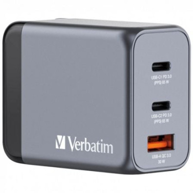 Cargador de Pared Universal GaN Verbatim GNC-65 con 2xUSB Tipo-C/ 1xUSB para Viaje