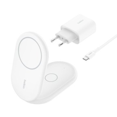 BASE DE CARGA INALÁMBRICA 2 EN 1 BELKIN WIZ028VFWH MAGNÉTICA PLEGABLE BLANCA Qi2 15W