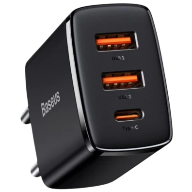 Baseus Compact Quick Charger 30W Negro Cargador de pared con 2xUSB-A y 1xUSB-C