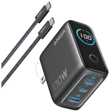 CARGADOR DE PARED ANKER 100W 3 PUERTOS CON PANTALLA INTELIGENTE NEGRO
