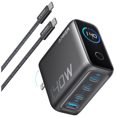 CARGADOR DE PARED ANKER 140W 4 PUERTOS PD 3.1 CON CABLE USB-C NEGRO