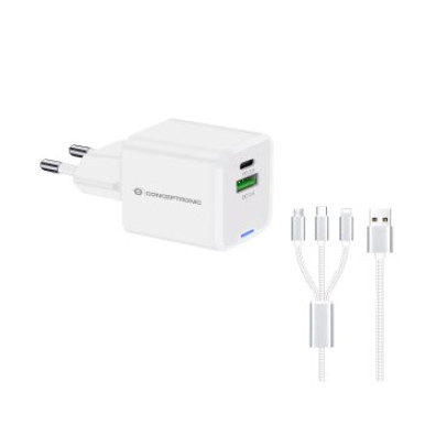 Cargador USB Conceptronic GAN 33W 1xUSB-C 1xUSB-A con Cable 3-en-1 - Blanco
