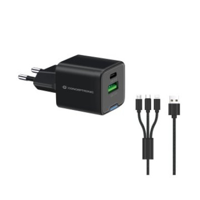 Cargador USB GAN Conceptronic 33W 1xUSB-C 1xUSB-A INCLUYE CABLE 3-1 NEGRO