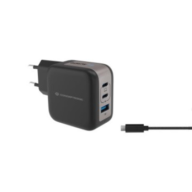 Cargador USB-C CONCEPTRONIC 67W con Quickcharge 3.0 PPS - 2xUSB-C 1xUSB-A Incluye Cable Negro