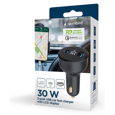CARGADOR RAPIDO PARA COCHE GEMBIRD USB DE 2 PUERTOS, TIPO C PD, LCD, 30 W,NEGRO