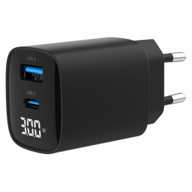 CARGADOR RAPIDO USB GEMBIRD DE 2 PUERTOS Y 30 W, LCD, NEGRO
