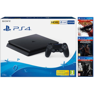 Consola PS4 Slim (500GB) God of War III + Uncharted Legado Perdido + TLOU Remastered