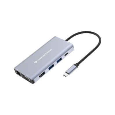 DOCKING USB-C CONCEPTRONIC DONN20G con HDMI 4K, VGA, USB-A 3.0, Jack, 1Gb RJ45, Lector de Tarjeta