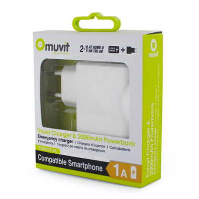 Transformador USB 1A + Batería Externa 2000mAh Blanco Muvit